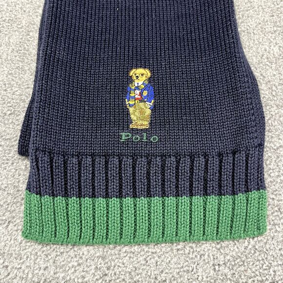 Polo Ralph Lauren Hat & Scarf Teddy Bear Navy Blue Green knit Cotton 8-20 Youth - Picture 7 of 15